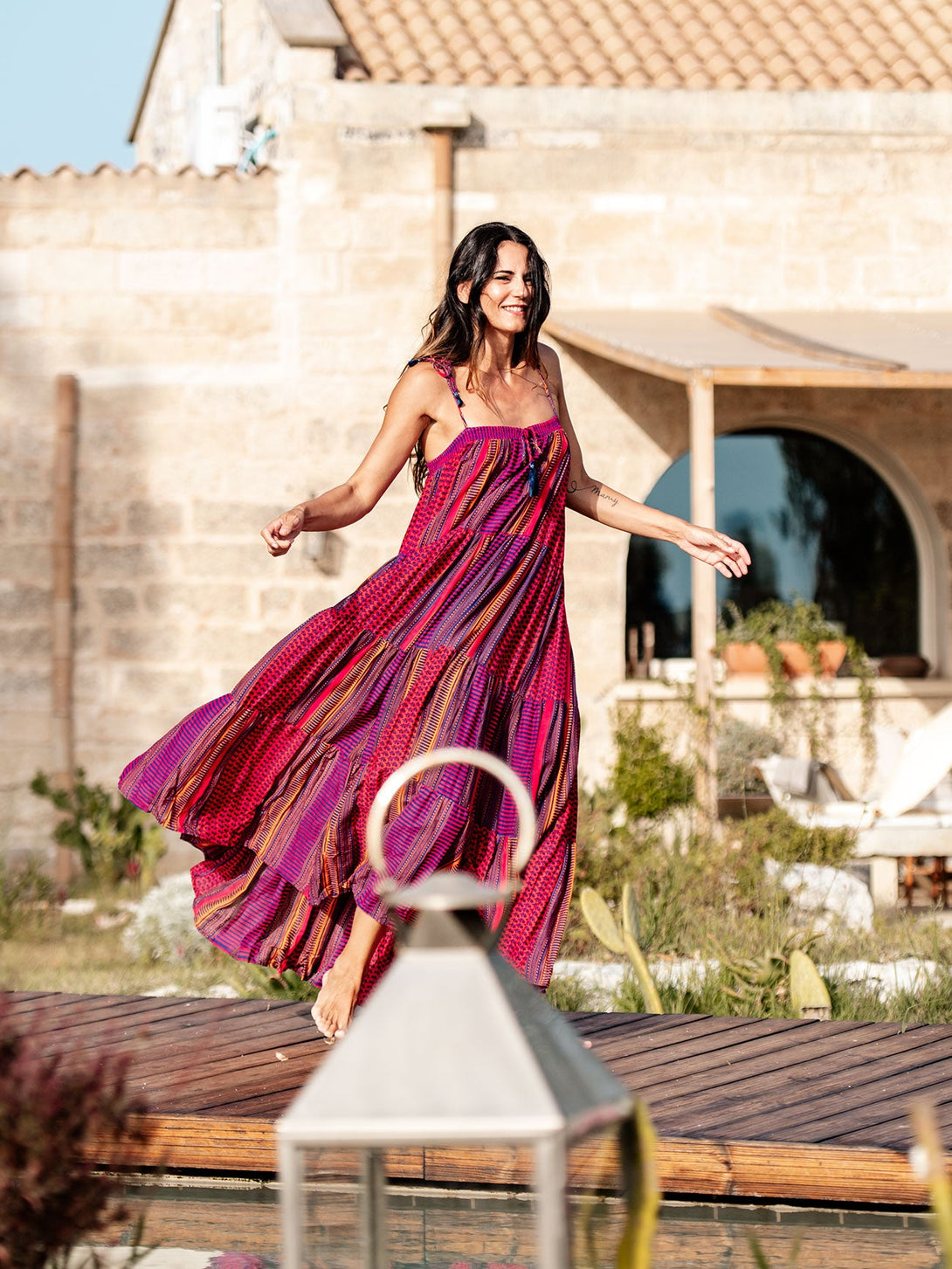 Vestito lungo a balze Flavienne-arancione-taglia unica-Bijondo