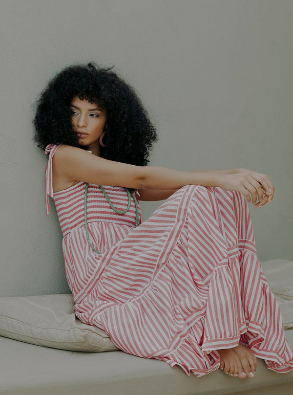 Vestito lungo a balze con fantasia a righe Kelly-rosso-Bijondo