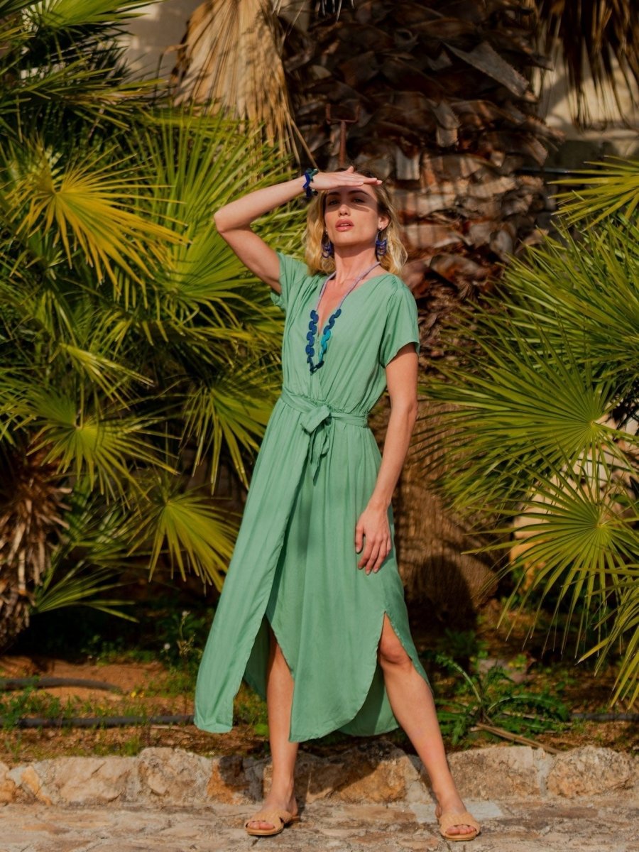 Vestito lungo ad incrocio con fusciacca Karlie - ottanio - Bijondo