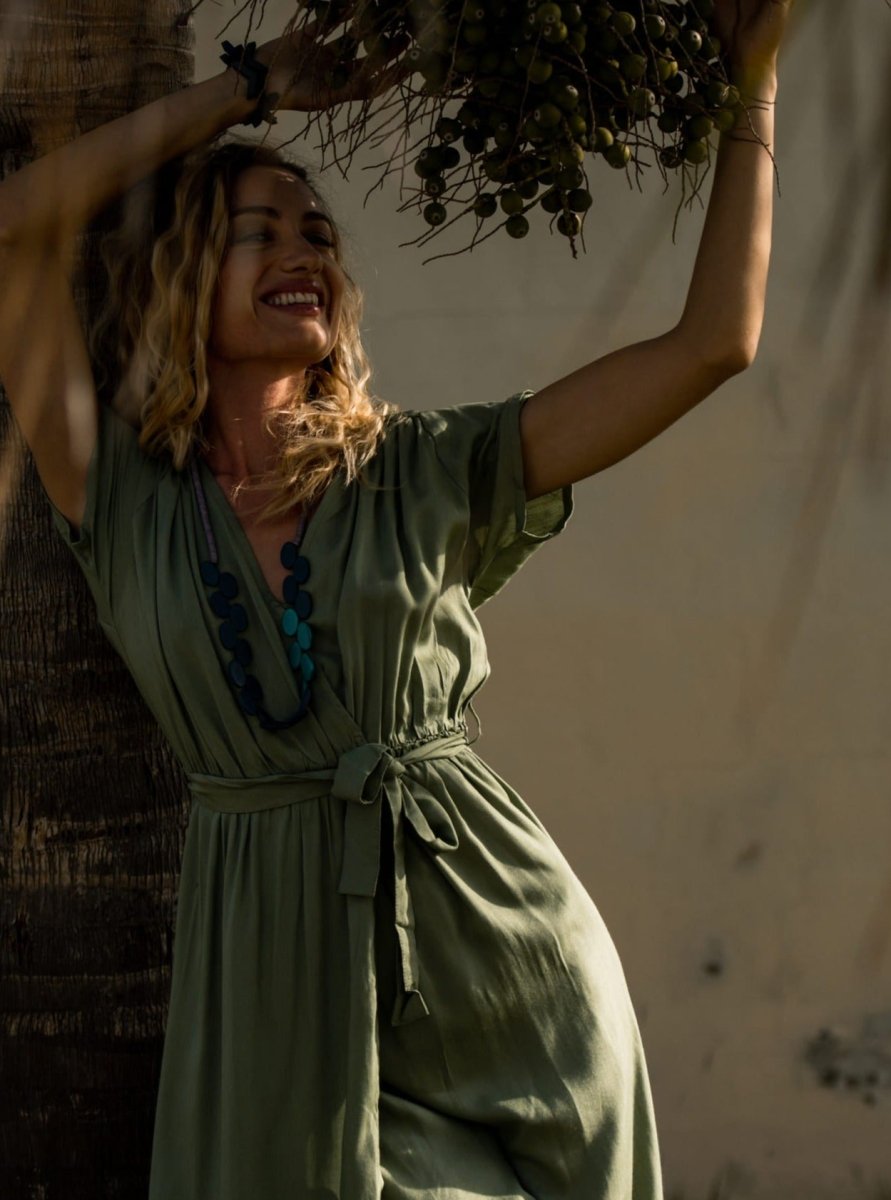 Vestito lungo ad incrocio con fusciacca Karlie - ottanio - Bijondo