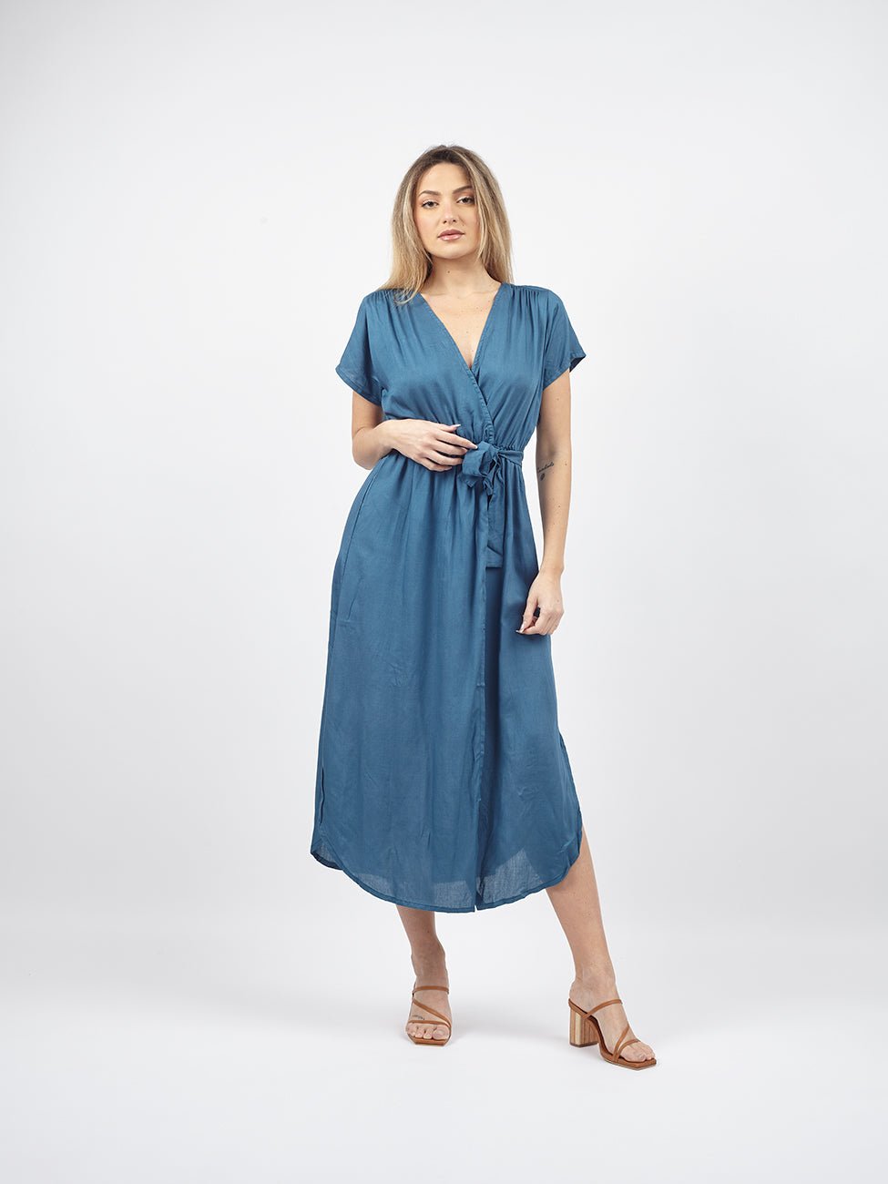 Vestito lungo ad incrocio con fusciacca Karlie - ottanio - Bijondo