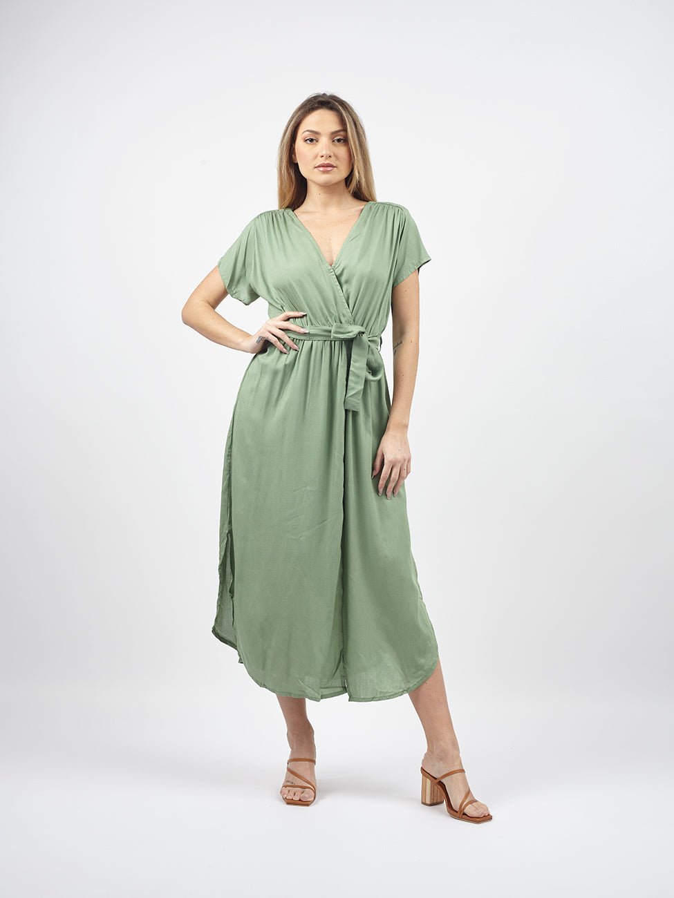 Vestito lungo ad incrocio con fusciacca Karlie - verde - Bijondo