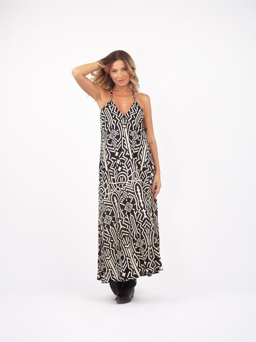 Vestito lungo boho spacchi laterali rayon Darya - nero - Bijondo
