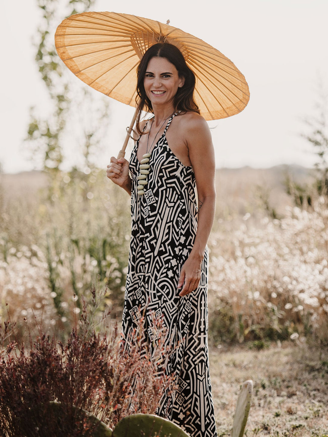 Vestito lungo boho spacchi laterali rayon Darya-nero-S-M-Bijondo