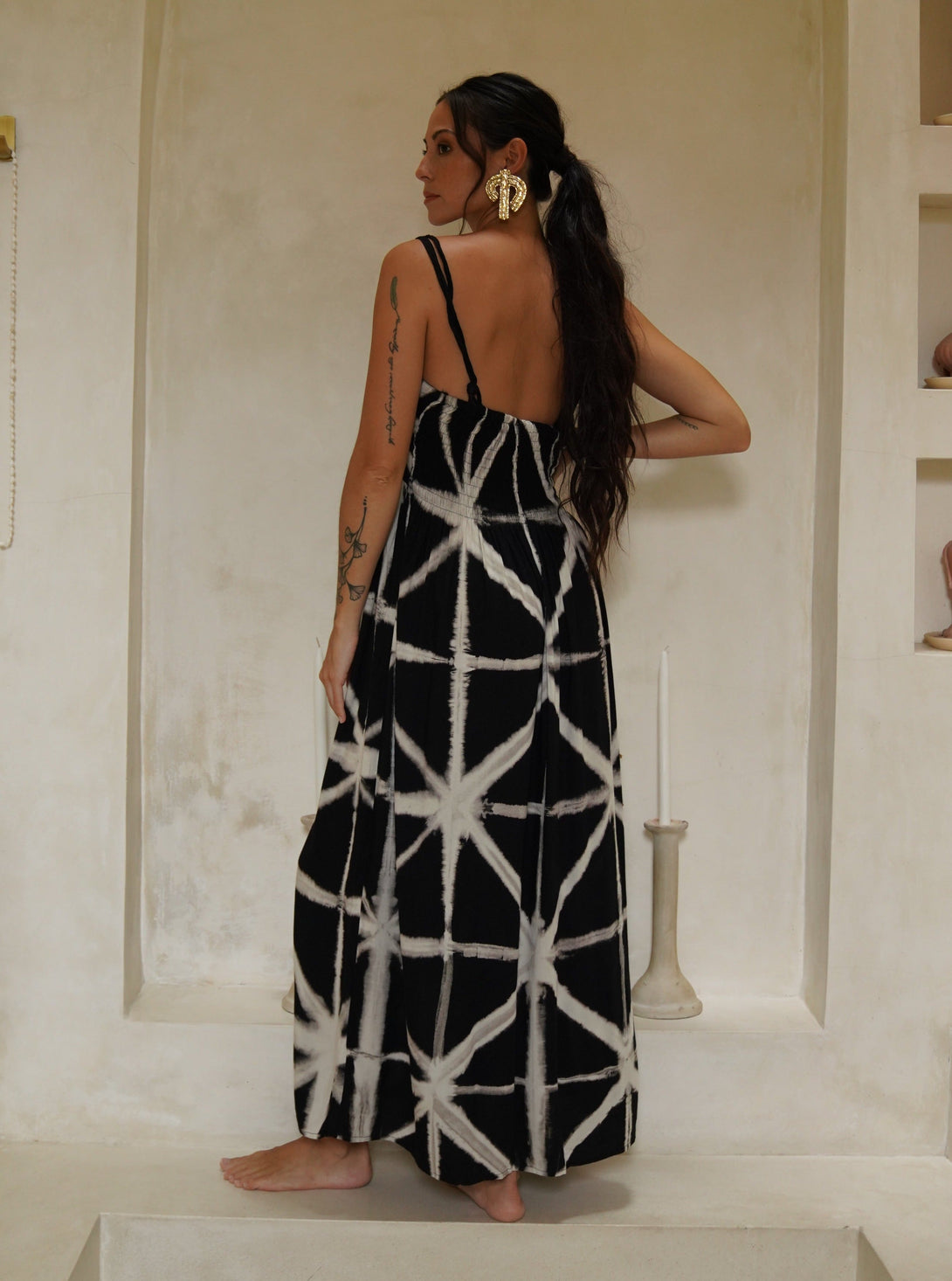 Vestito lungo bretelle fantasia optical Juliette-nero-Bijondo