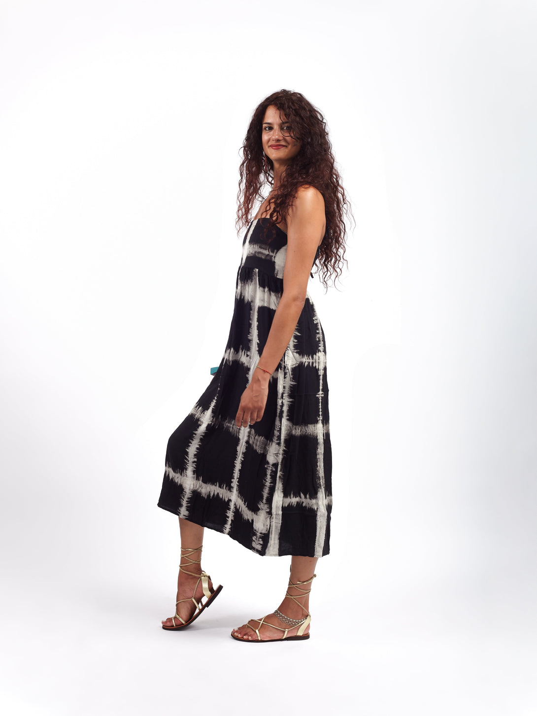 Vestito lungo bretelle fantasia optical Juliette-nero asimmetrico-taglia unica-Bijondo