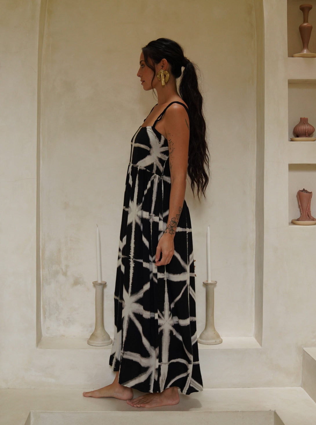 Vestito lungo bretelle fantasia optical Juliette-nero-Bijondo