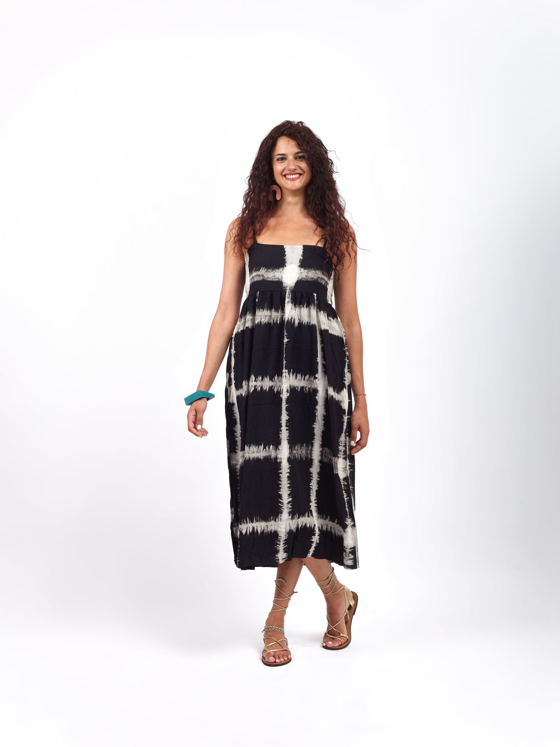 Vestito lungo bretelle fantasia optical Juliette-nero linee-taglia unica-Bijondo