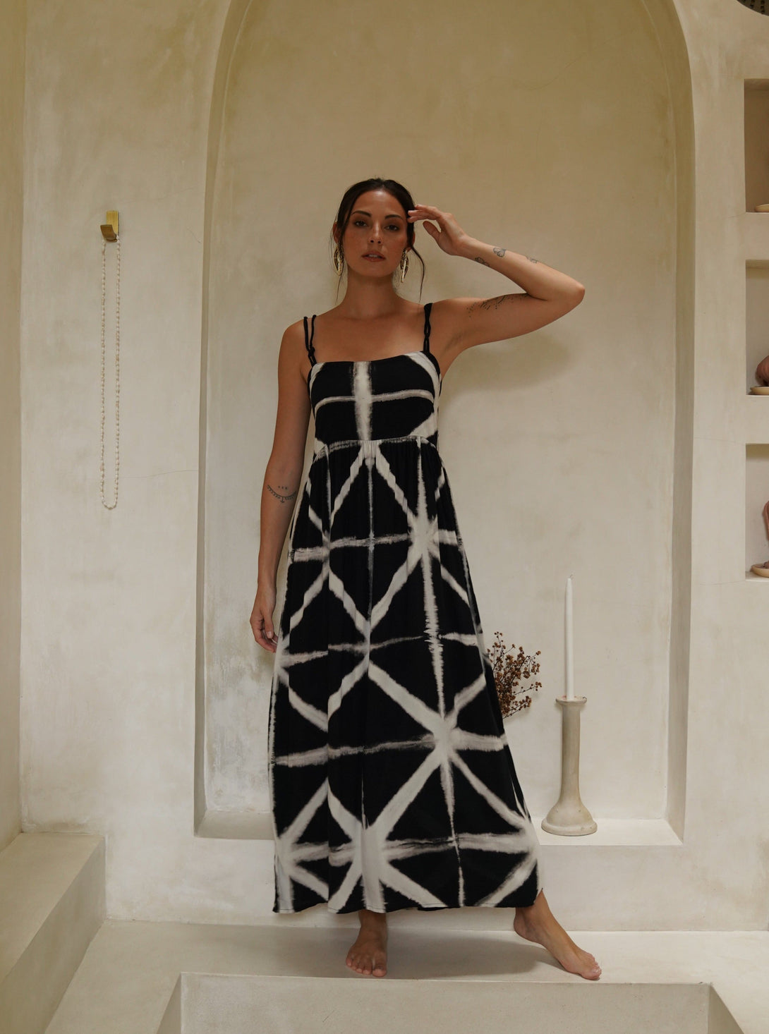 Vestito lungo bretelle fantasia optical Juliette-nero-Bijondo