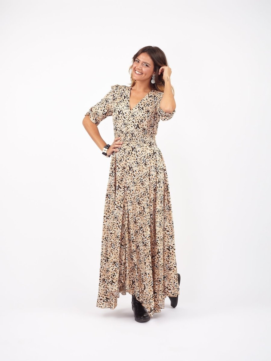 Vestito lungo con elastico in vita e bottoni Aiko - beige - Bijondo