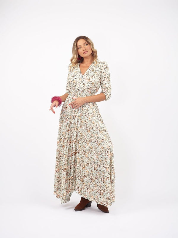 Vestito lungo con elastico in vita e bottoni Aiko - verde - Bijondo