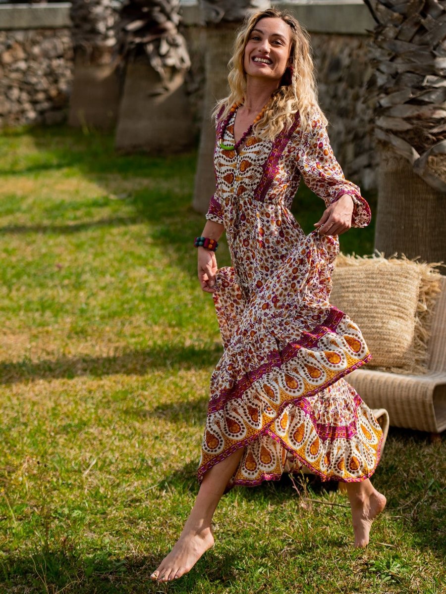 Vestito lungo con manica e balze Caroline - celeste - Bijondo