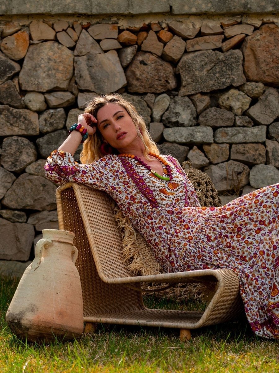 Vestito lungo con manica e balze Caroline - celeste - Bijondo