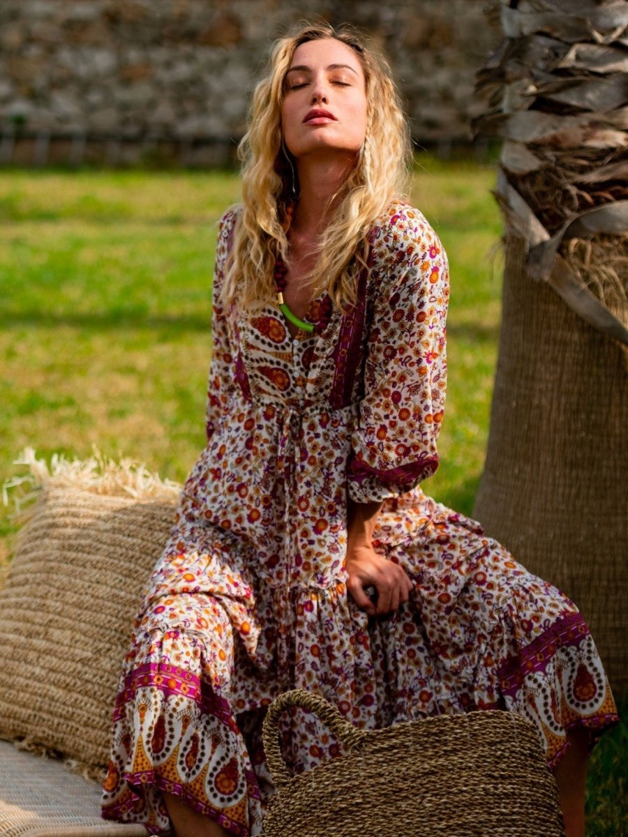 Vestito lungo con manica e balze Caroline - celeste - Bijondo