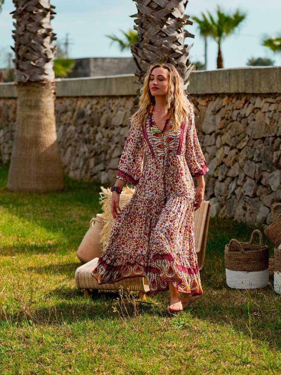 Vestito lungo con manica e balze Caroline - celeste - Bijondo