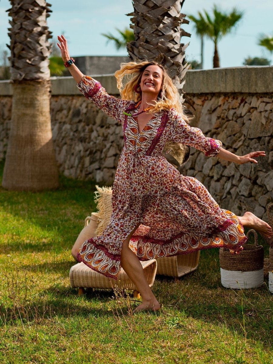 Vestito lungo con manica e balze Caroline - celeste - Bijondo