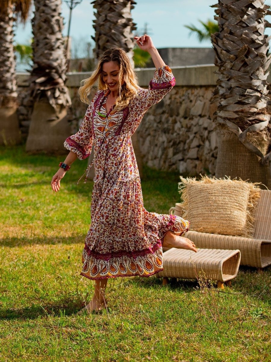 Vestito lungo con manica e balze Caroline - celeste - Bijondo