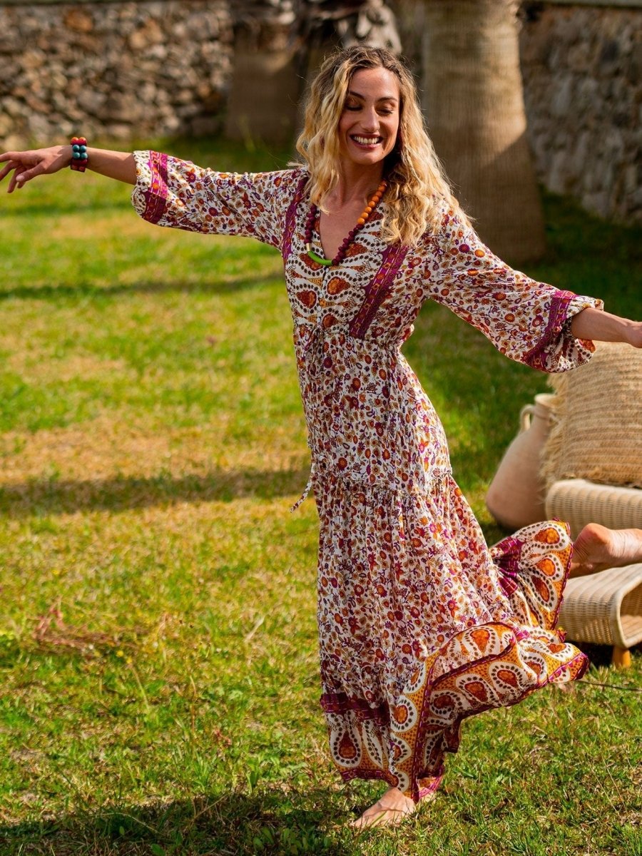 Vestito lungo con manica e balze Caroline - celeste - Bijondo