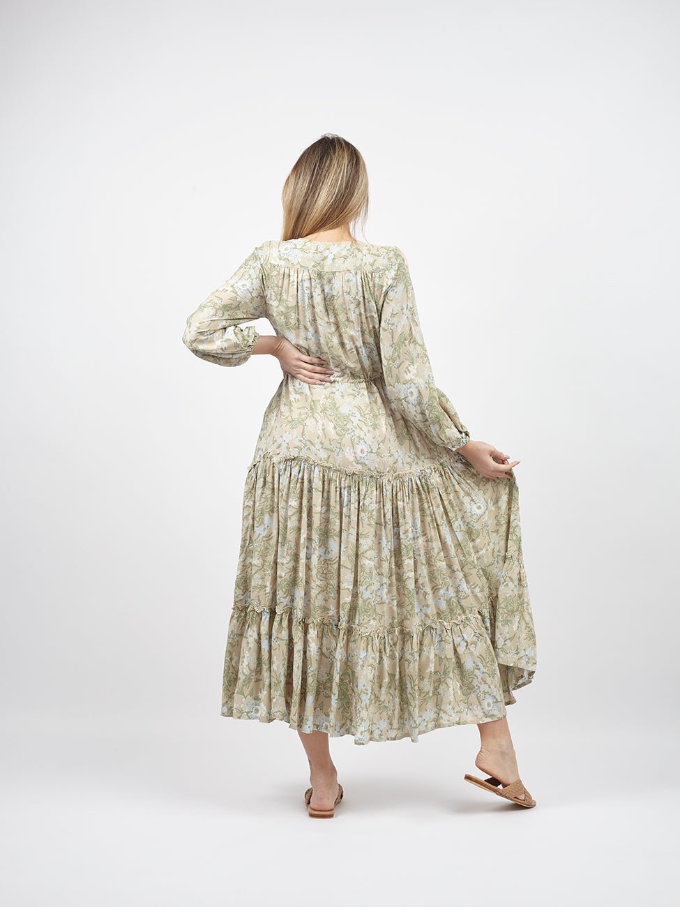 Vestito lungo con manica e balze Caroline - verde - Bijondo