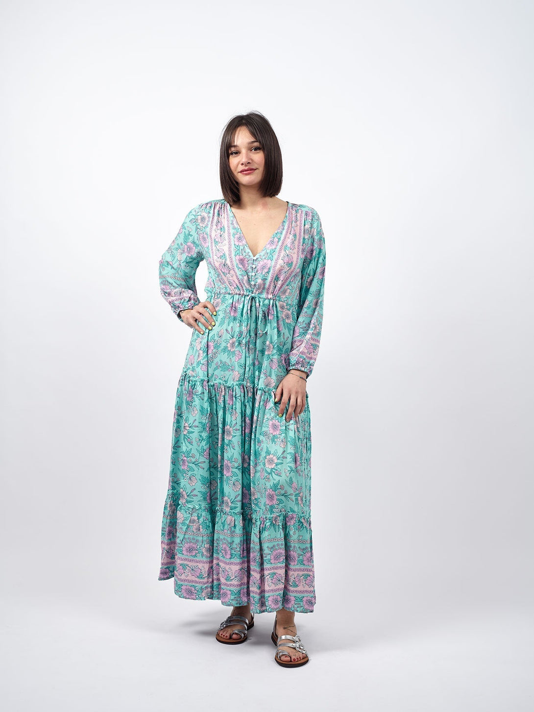 Vestito lungo con manica e balze Caroline-acquamarina-Bijondo