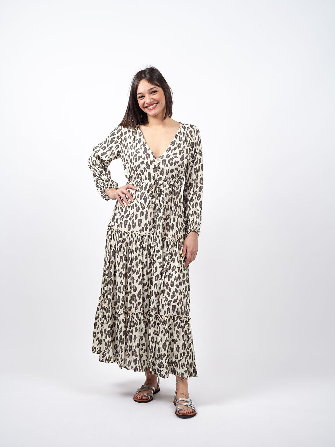 Vestito lungo con manica e balze Caroline-leopardato-Bijondo