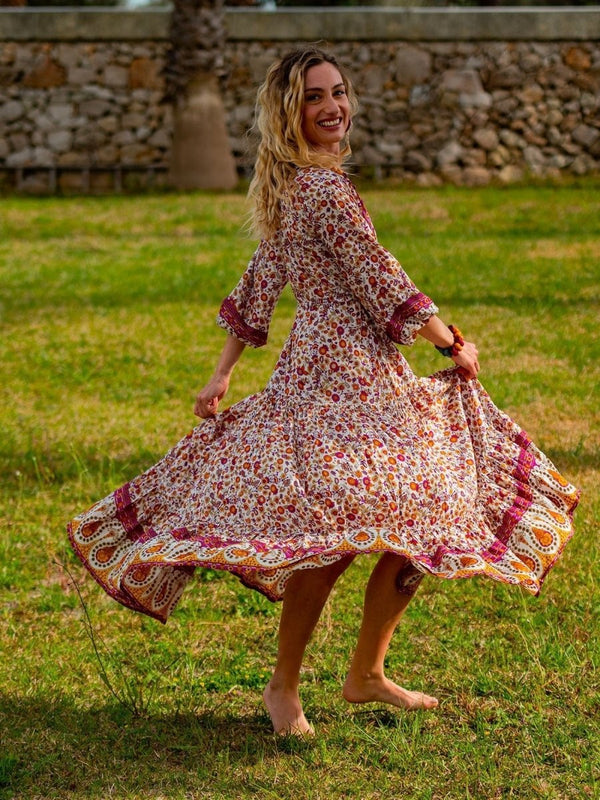 Vestito lungo con manica e balze Caroline - verde - Bijondo