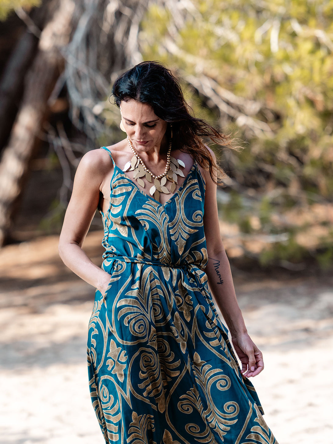 Vestito lungo con seta, oro laminato Maly-Vestito-WhyY-Blu-S-M-Bijondo