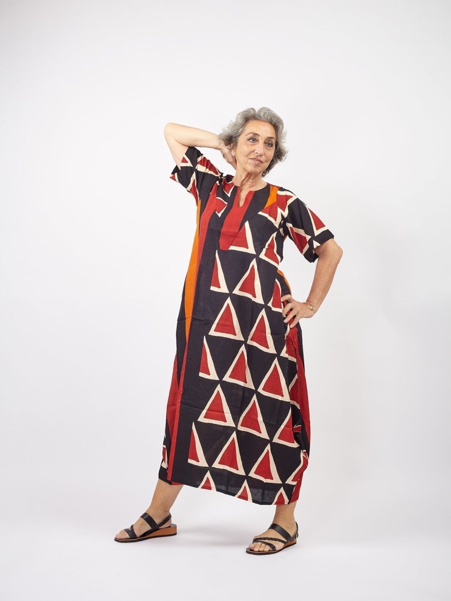 Vestito lungo cotone ad ovetto e manica corta Irma - rosso - Bijondo