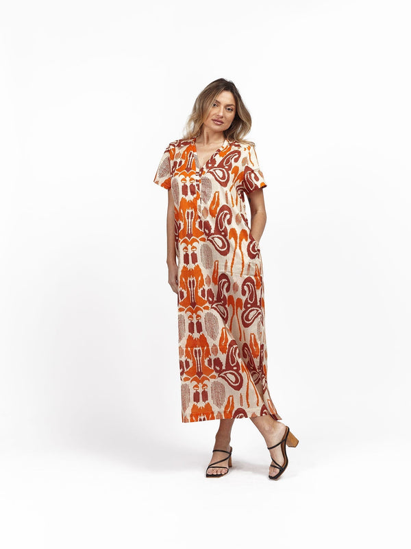 Vestito lungo cotone scollo V Tea - arancione - Bijondo