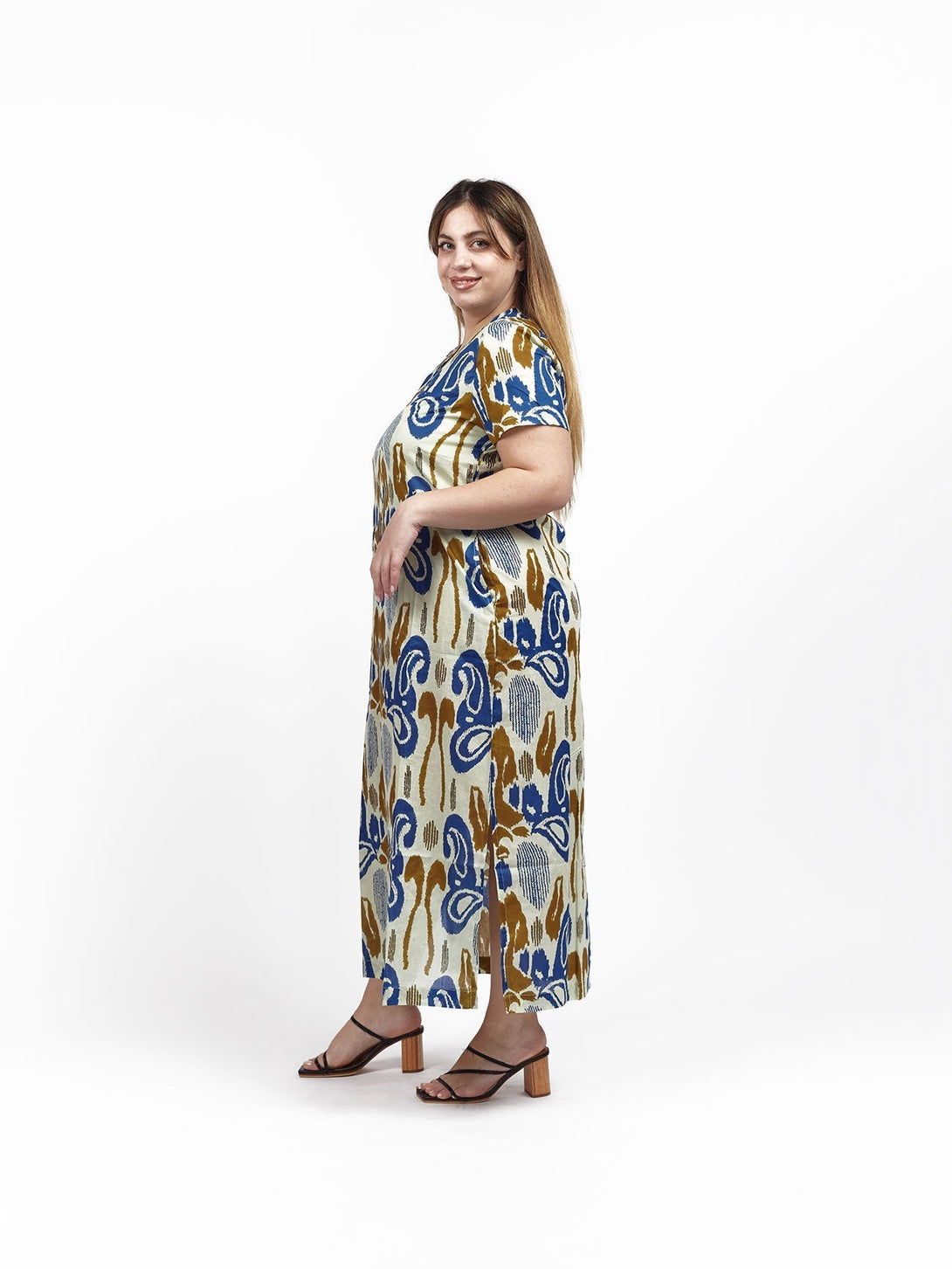 Vestito lungo cotone scollo V Tea - blu - Bijondo