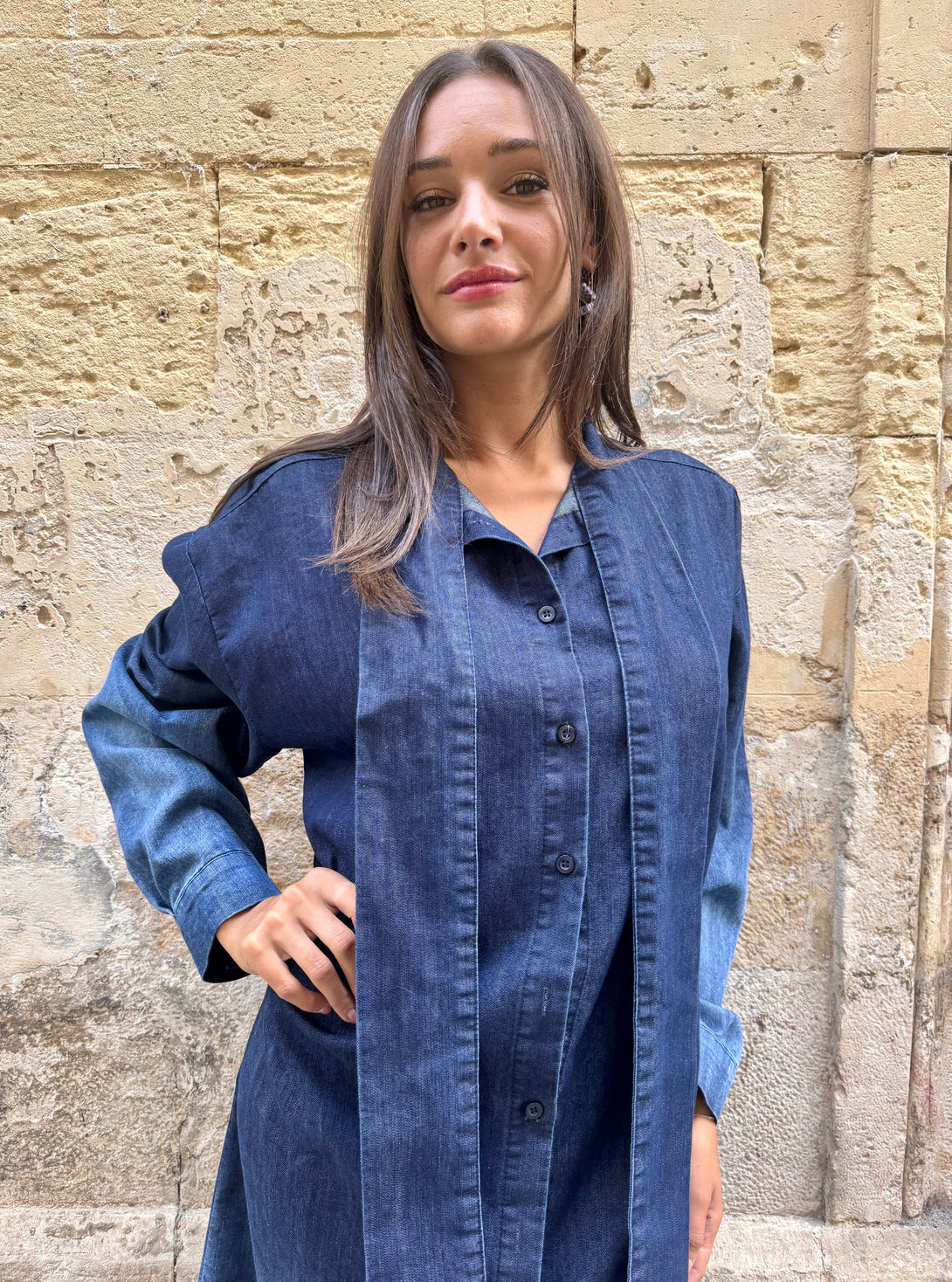 Vestito lungo denim con cravatta Liona-vestito-Bijondo-Blu-S-Bijondo