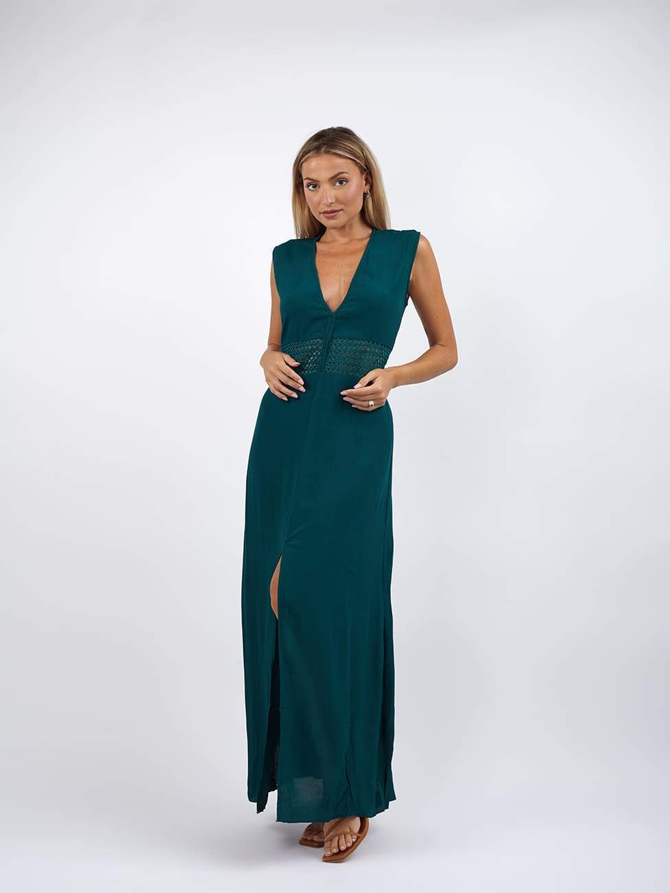 Vestito lungo elegante dettaglio ricamo Olena - petrolio - Bijondo