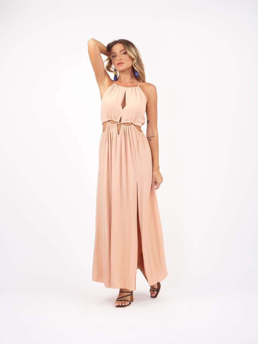 Vestito lungo elegante rayon cut out Aida - corallo - Bijondo