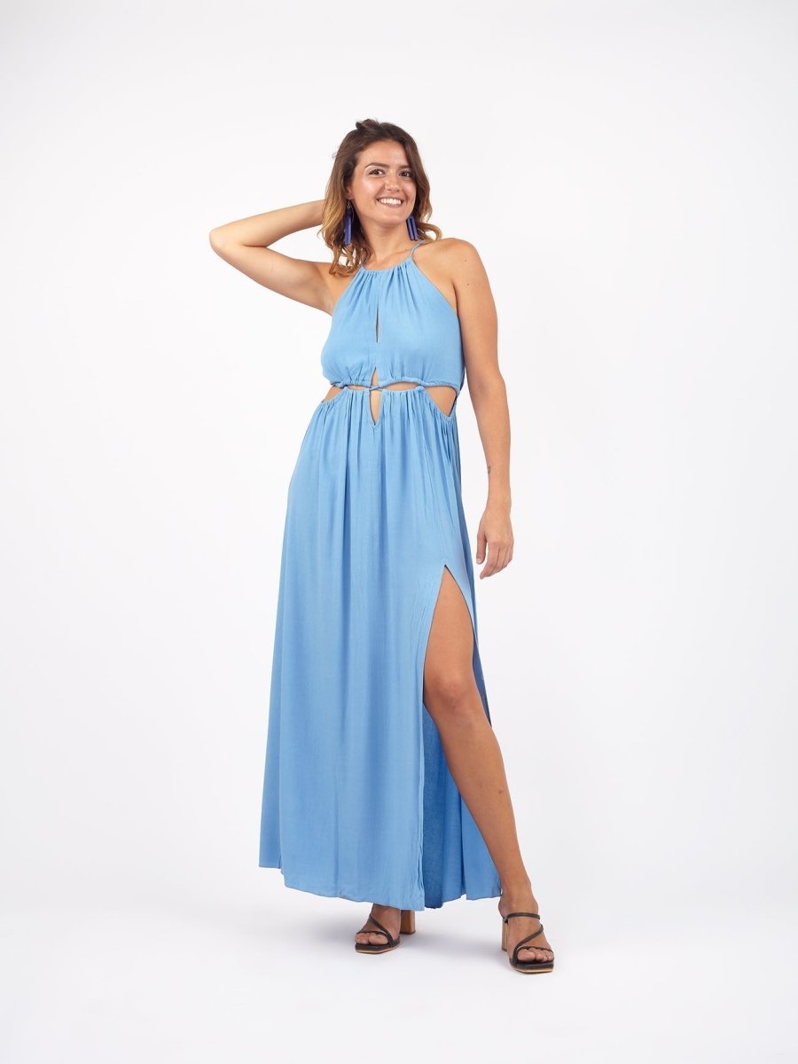 Vestito lungo elegante rayon cut out Aida - azzurro - Bijondo