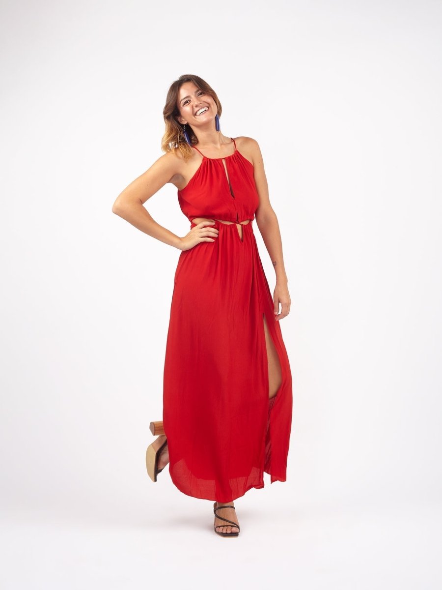 Vestito lungo elegante rayon cut out Aida - rosso - Bijondo