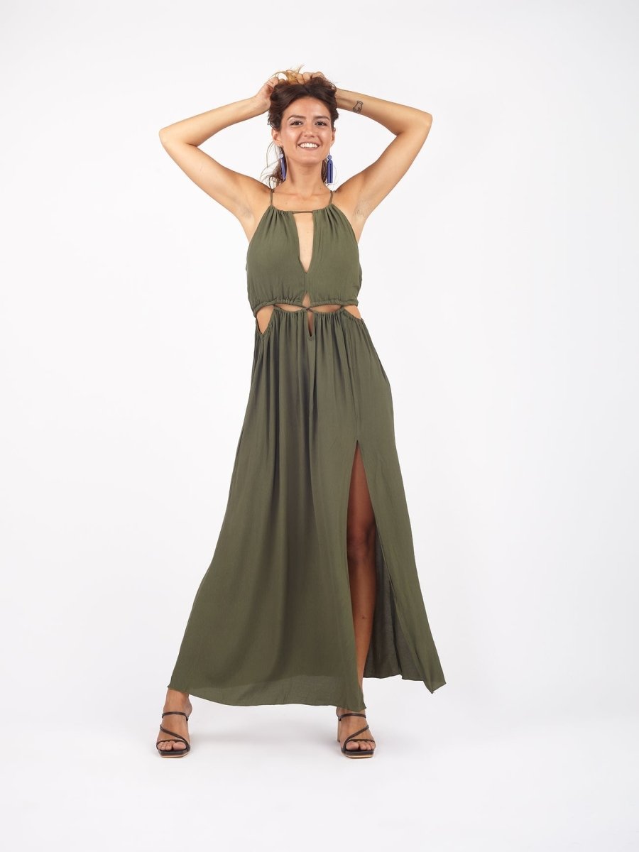 Vestito lungo elegante rayon cut out Aida - verde - Bijondo