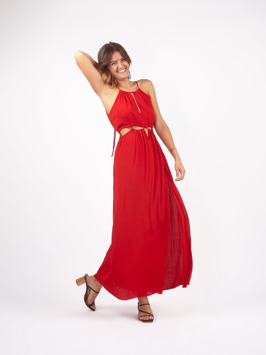 Vestito lungo elegante rayon cut out Aida - rosso - Bijondo