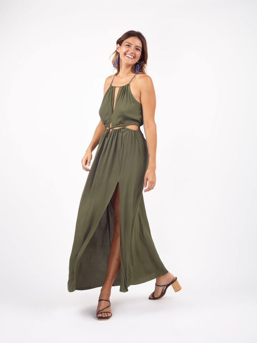 Vestito lungo elegante rayon cut out Aida - verde - Bijondo
