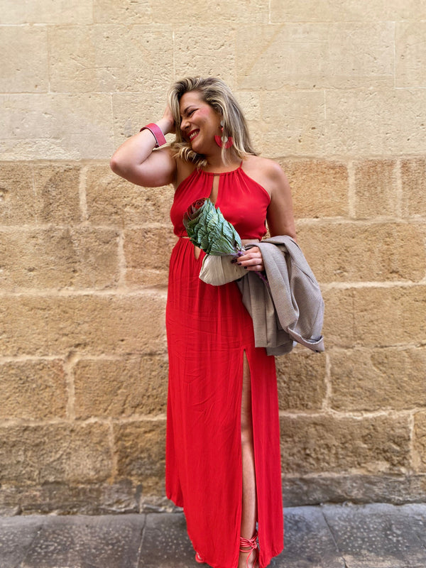 Vestito lungo elegante rayon cut out Aida-corallo-taglia unica-Bijondo