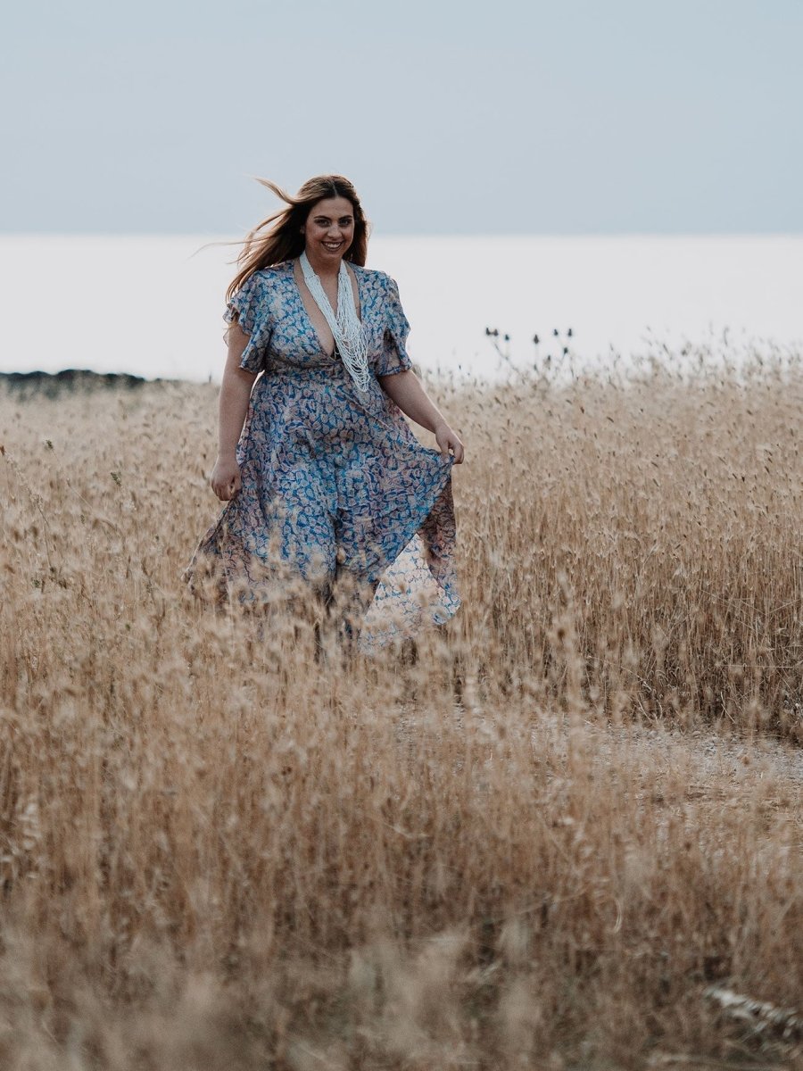 Vestito lungo elegante seta Lindy - blu - Bijondo