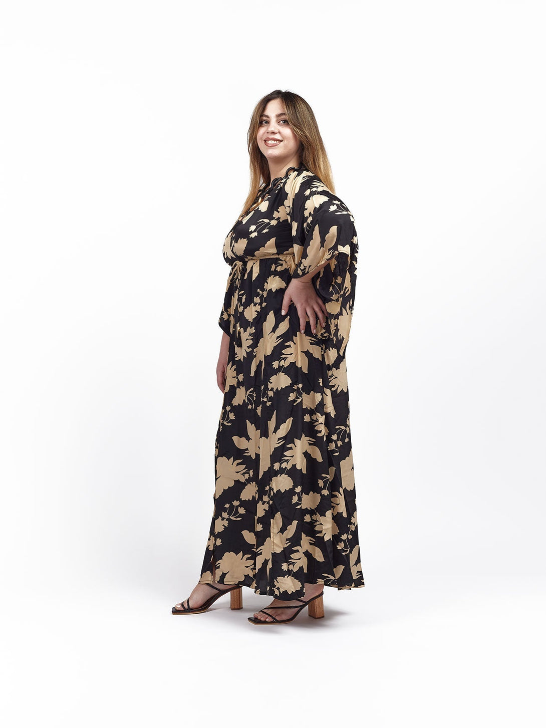 Vestito lungo elegante seta scollo V Sophia - nero - Bijondo