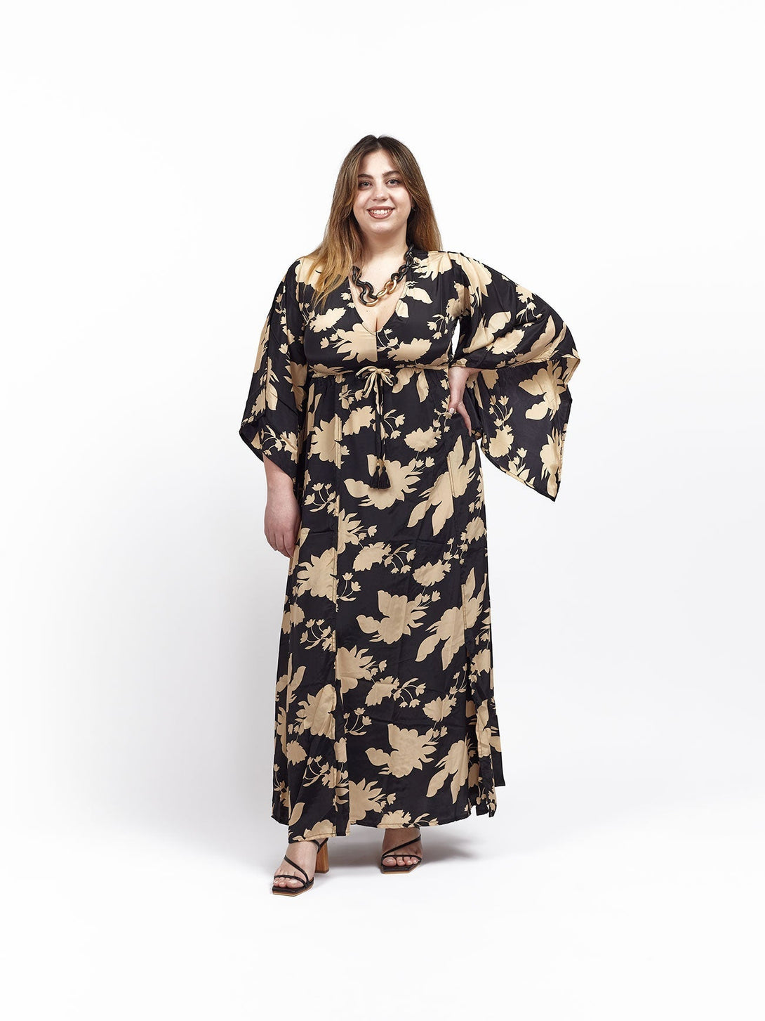 Vestito lungo elegante seta scollo V Sophia - nero - Bijondo