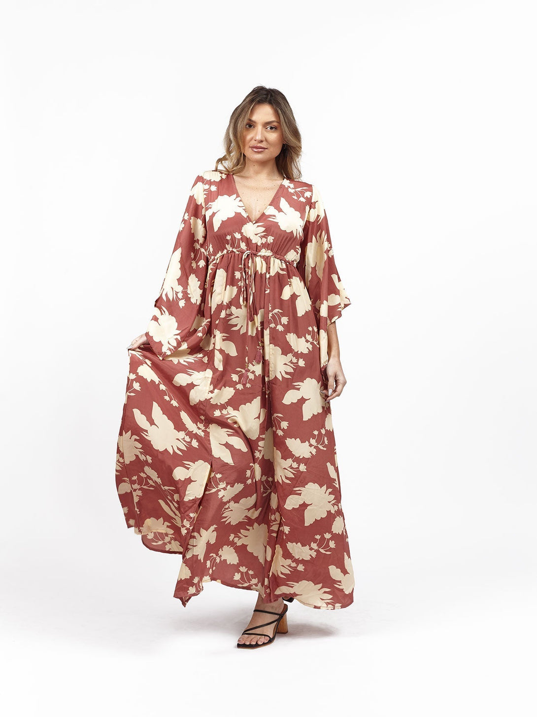 Vestito lungo elegante seta scollo V Sophia - rosa - Bijondo