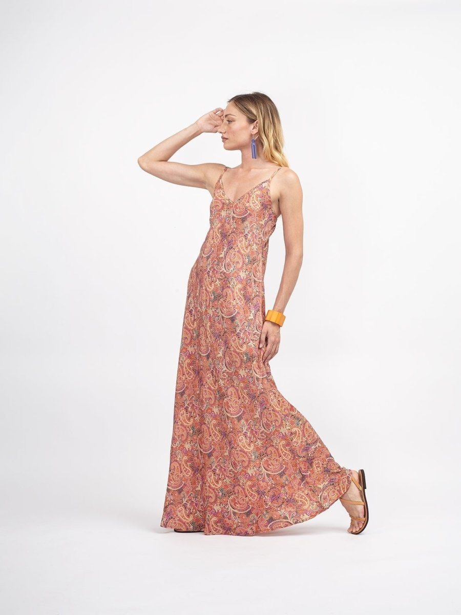 Vestito lungo in seta Australia - pesca - Bijondo