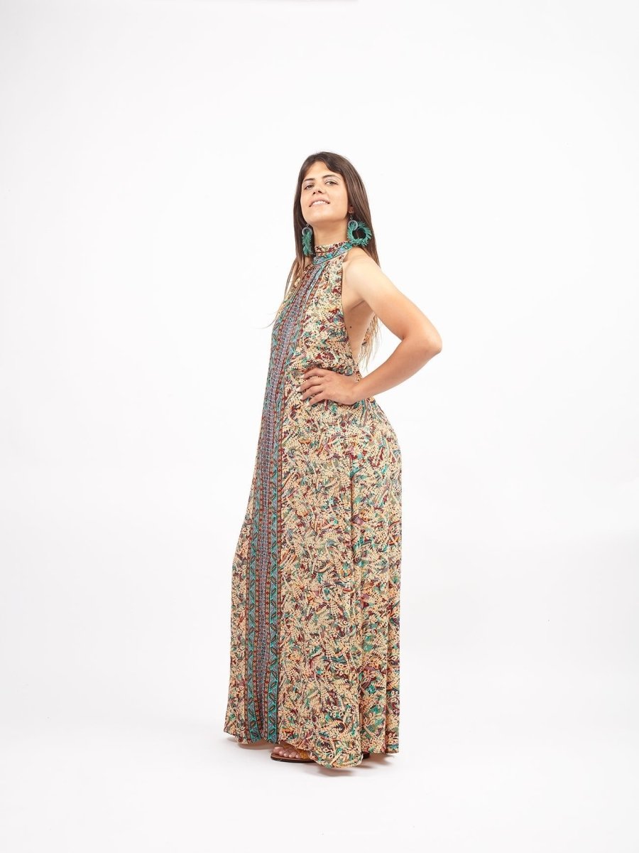 Vestito lungo in seta scollo all'americana Nilde - sabbia - Bijondo