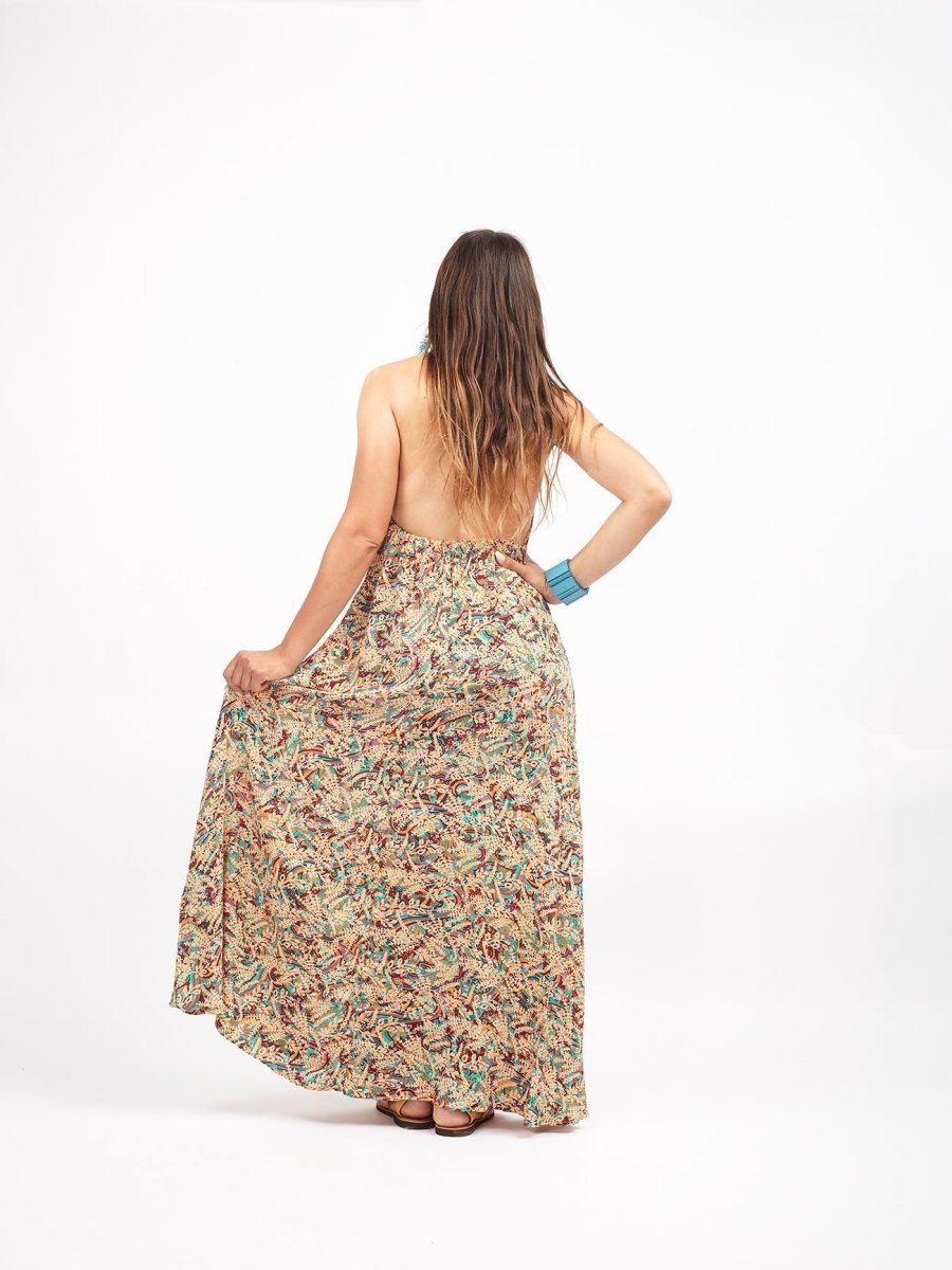 Vestito lungo in seta scollo all'americana Nilde - sabbia - Bijondo