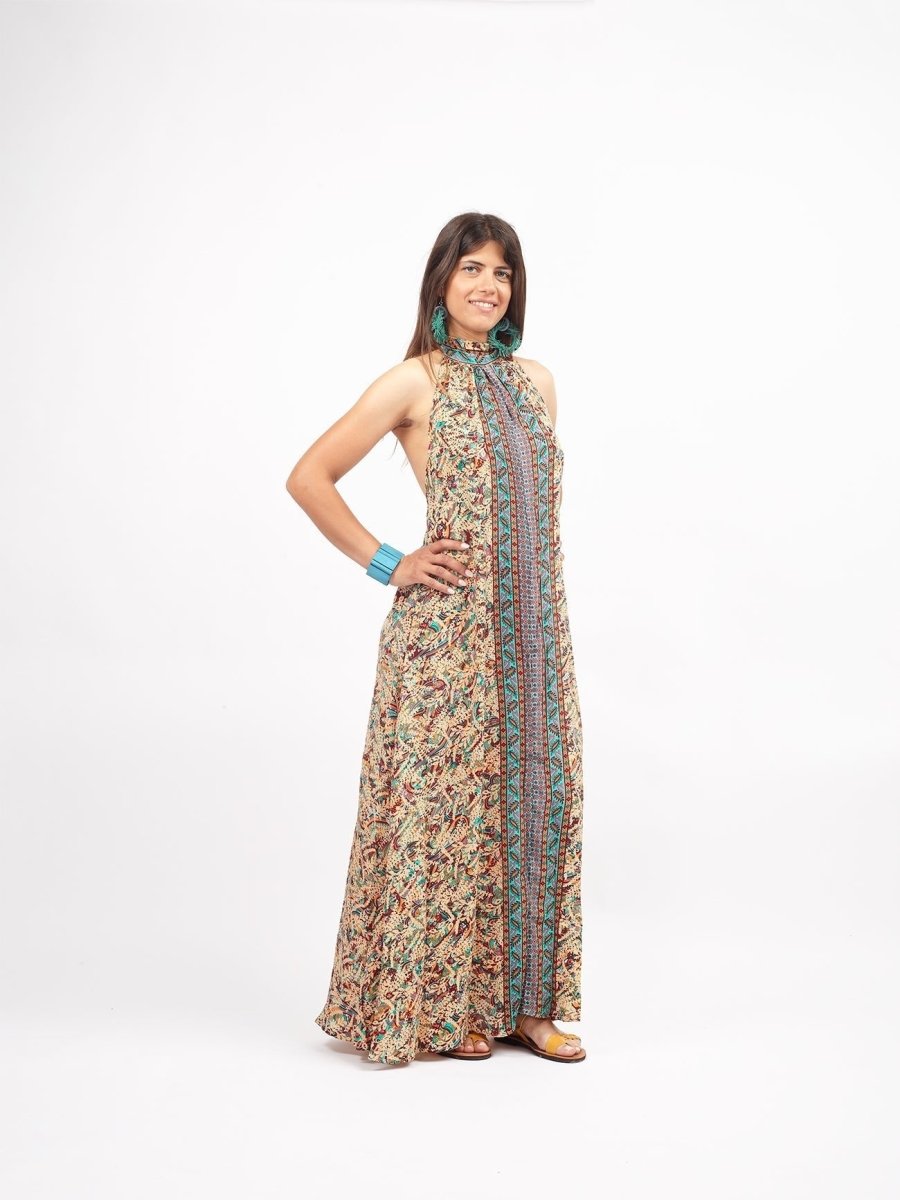 Vestito lungo in seta scollo all'americana Nilde - sabbia - Bijondo