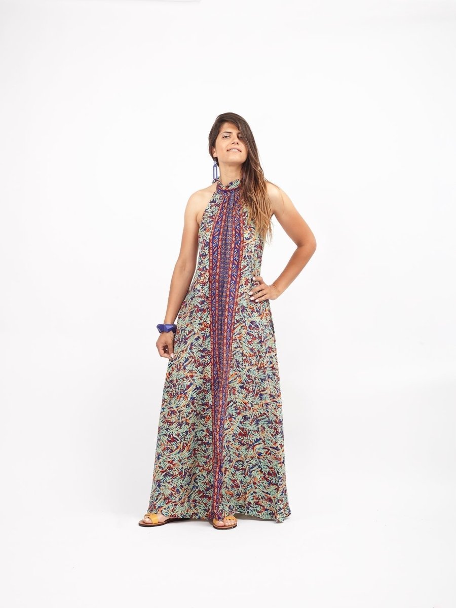 Vestito lungo in seta scollo all'americana Nilde - turchese - Bijondo