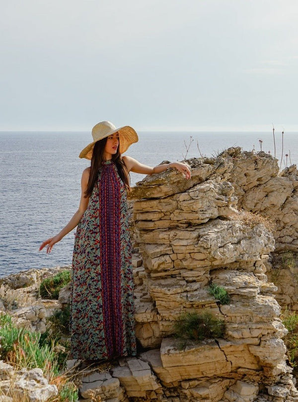 Vestito lungo in seta scollo all'americana Nilde - sabbia - Bijondo