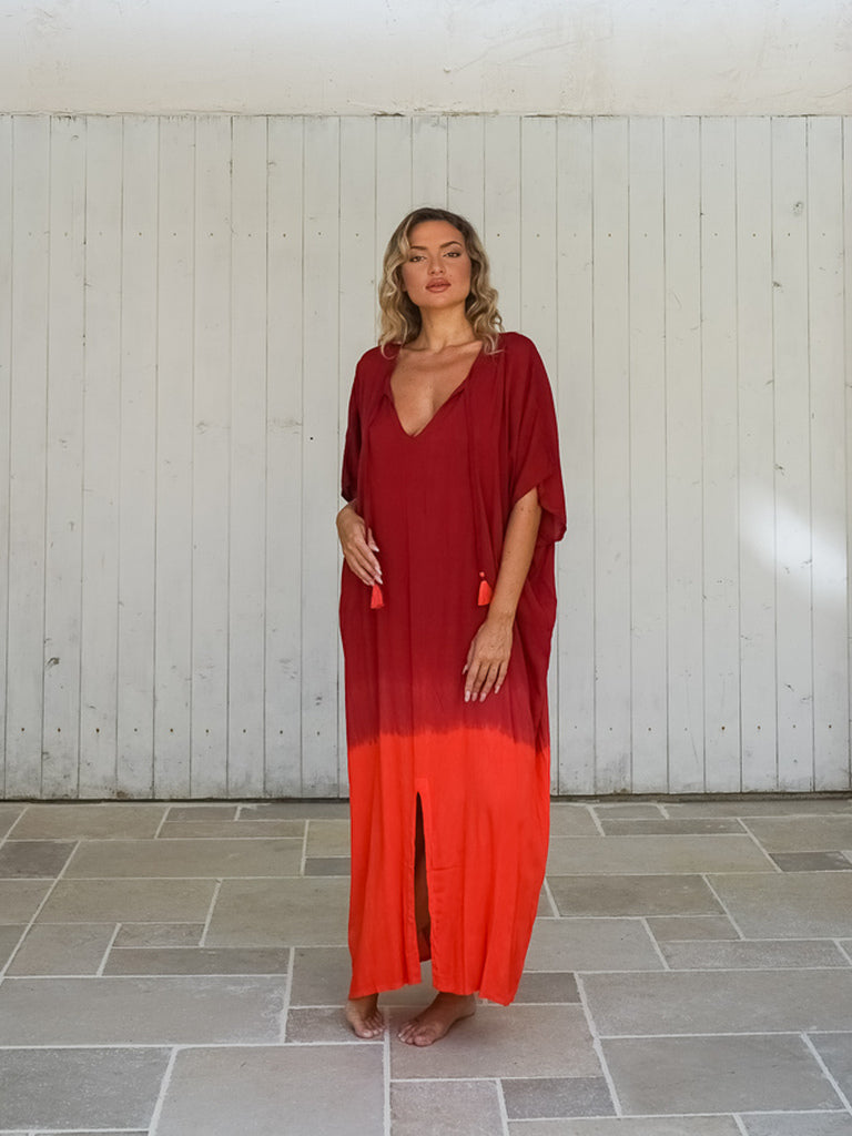 Vestito lungo over rayon con stampa sfumata Betsy-rosso-Bijondo